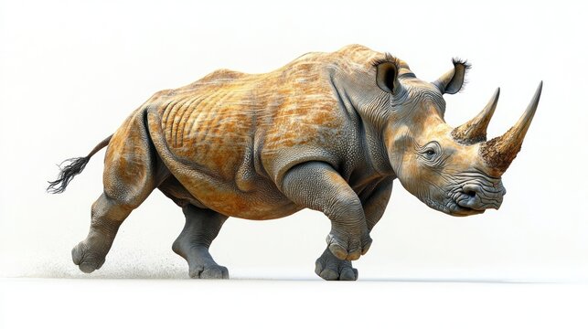 A powerful rhinoceros charging, dust flying, isolated on white background.