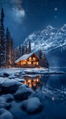 Fototapeta premium Cozy wooden cabin in snow-covered mountains under a starry night sky.
