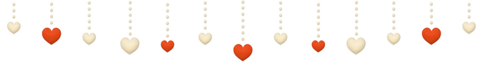 木製の赤と白のハートのオーナメントが並ぶ装飾素材