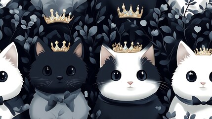 Obraz premium Regal cats wearing jeweled crowns and capes, sitting on thrones made of glowing vines in an enchanted fairy tale kingdom, vibrant and magical hues, hd quality, intricate details.