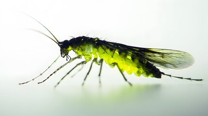 A close-up of a glowing toxic insect sting, with a small droplet of venom, set against a white background