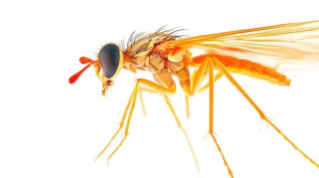 A close-up of a glowing toxic insect sting, with a small droplet of venom, set against a white background