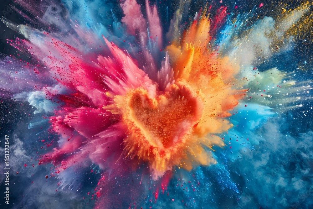 Poster colorful powder paint exploding in heart shape, creating a vibrant and dynamic design against a dark