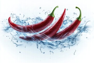 Red Chili Peppers Splashing in Water