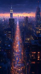 Obraz premium Breathtaking cityscape at twilight with glowing skyscrapers and busy streets.