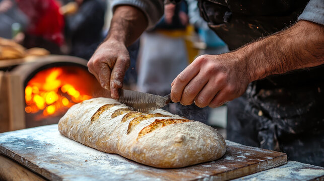 Artisan Bread Scoring with Razor Blade at Outdoor Workshop, Close-Up Baking Process