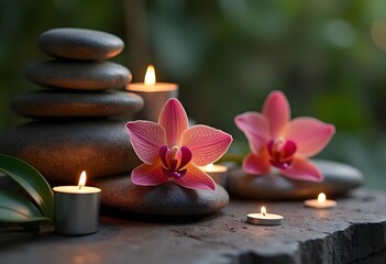 Zen basalt stones and bamboo on the wood
