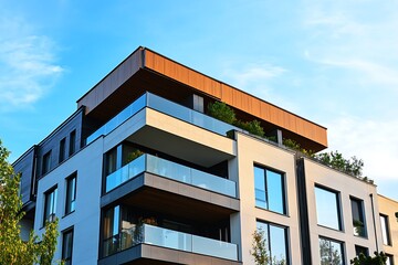Obraz premium Modern Apartment Building Facade. Concept of urban living, contemporary architecture, and residential design.