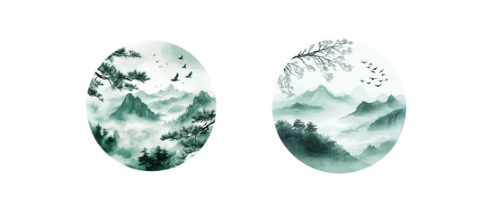 Obraz premium white background green circle brush ink painting style Chinese landscape painting style