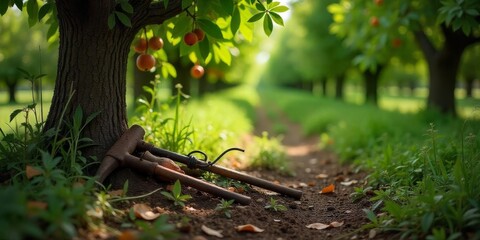 Tools resting under a fruit tree in a lush orchard during late afternoon sunlight