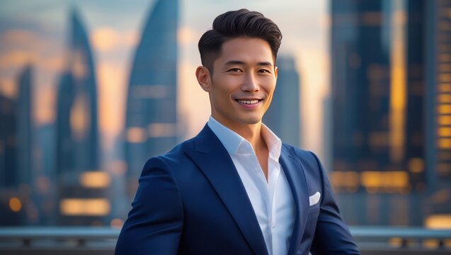 asian smart businessnessman smiling standing confidently against a blurred cityscape backdrop
 - Powered by Adobe