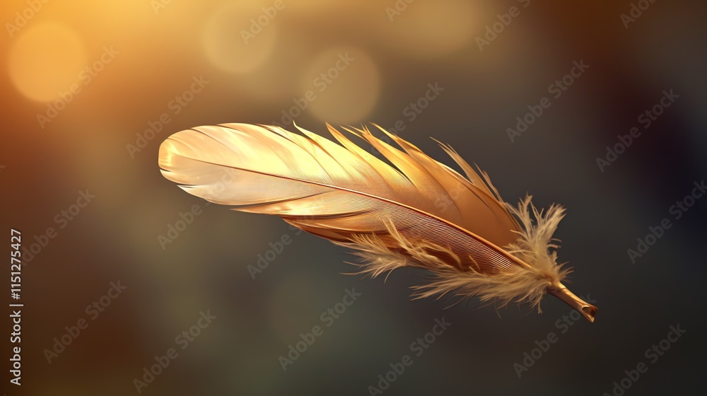 Poster golden feather floating on bokeh background.