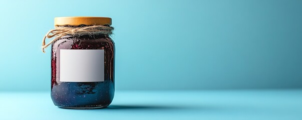 Blueberry jam in a glass jar with a blank white label mockup, placed against a vibrant blue background, ideal for product promotion and design