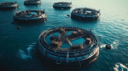 Fototapeta premium Aerial view of multiple circular offshore aquaculture farms in the ocean.