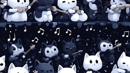 Whimsical cats playing tiny violins and guitars on a grand stage with glowing spotlights, surrounded by floating musical notes and a dreamy audience in the background, vibrant colors,