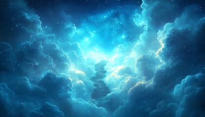 Fototapeta premium Ethereal Jacobs Ladder reaching to the sky, surrounded by soft clouds and divine light, creating a peaceful and mystical scene, ideal for fantasy art