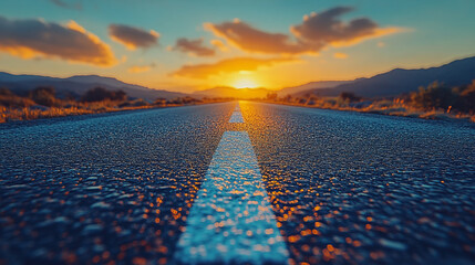 Dividing strip on asphalt road close-up on sunset