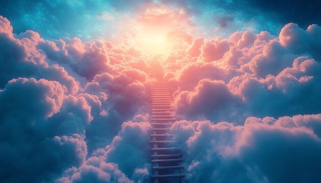 Ethereal Jacobs Ladder reaching to the sky, surrounded by soft clouds and divine light, creating a peaceful and mystical scene, ideal for fantasy art