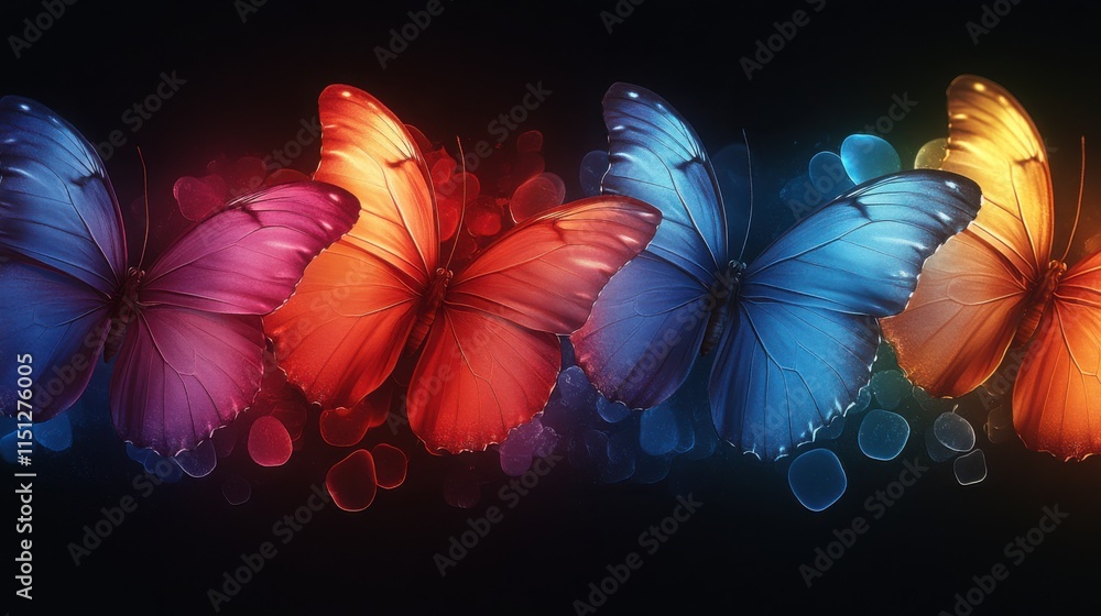 Poster colorful butterflies flutter gracefully against a dark backdrop, illuminated by soft light reflectin