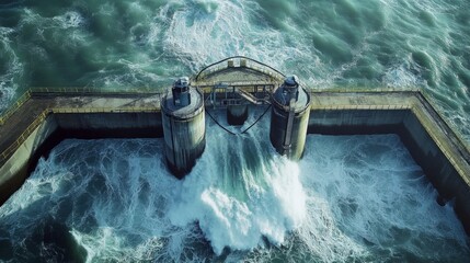 Aerial view of ocean water surging over a seawall structure with cylindrical towers.