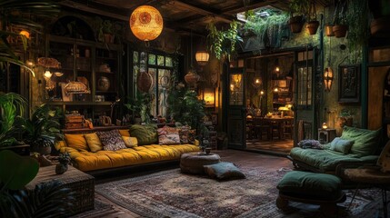 Cozy Rustic Living Room with Plants and Warm Ambient Lighting
