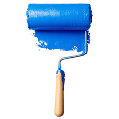Paint roller with bright blue paint splash isolated on transparent background.
