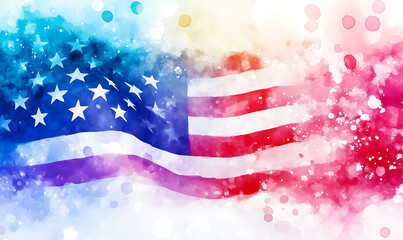 A creative watercolor-inspired American flag design with soft, blended red, white, and blue hues, set against a dreamy bokeh light background