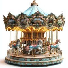 Ornate carousel, painted horses, golden details.