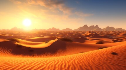 Golden sunset over vast, rolling sand dunes in a desert landscape.