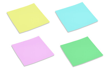 Sticky notes in assorted vibrant hues set against a white backdrop. Blank note.