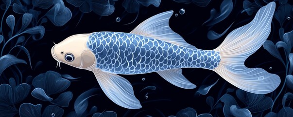 Koi fish in dark blue water, retro vintage illustration with soft gradients and detailed scales, ideal for creating serene and calming aquatic scenes