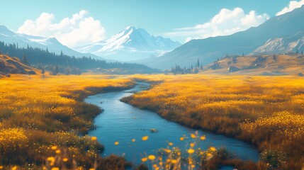 Fototapeta premium Scenic landscape with vibrant yellow flowers and a serene river under a blue sky.