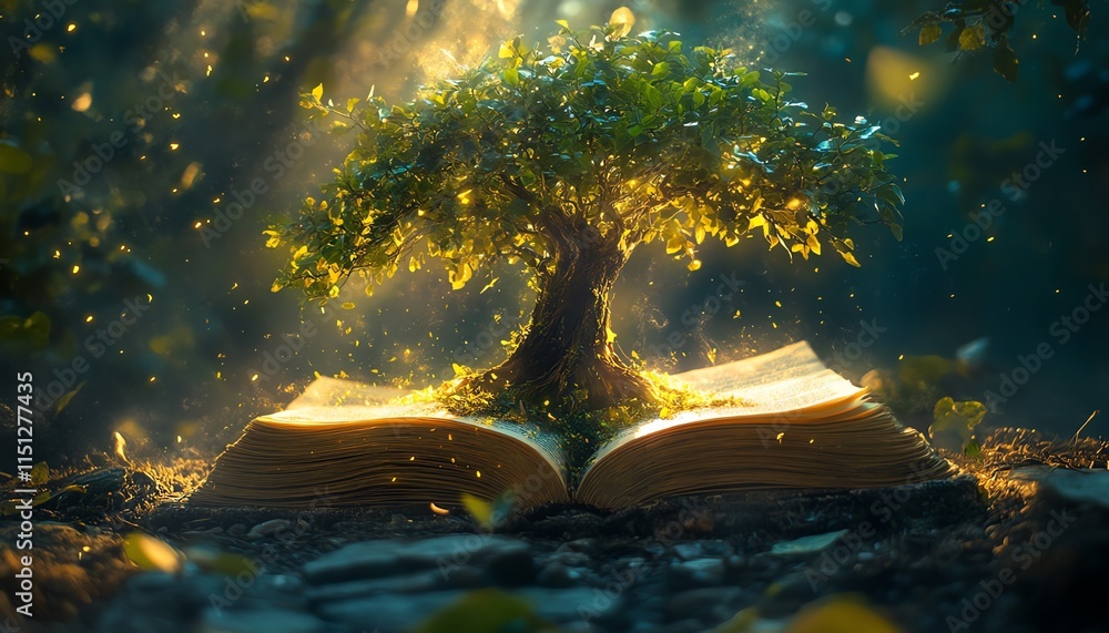 Poster magical open book with a lush tree growing from its pages, surrounded by glowing light and soft mist