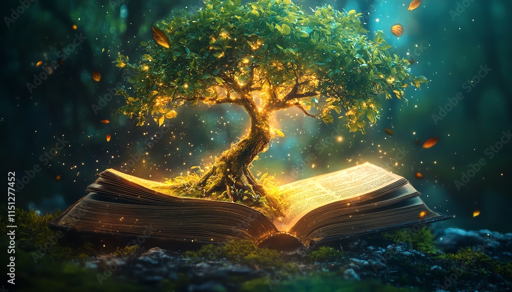 Poster magical open book with a lush tree growing from its pages, surrounded by glowing light and soft mist