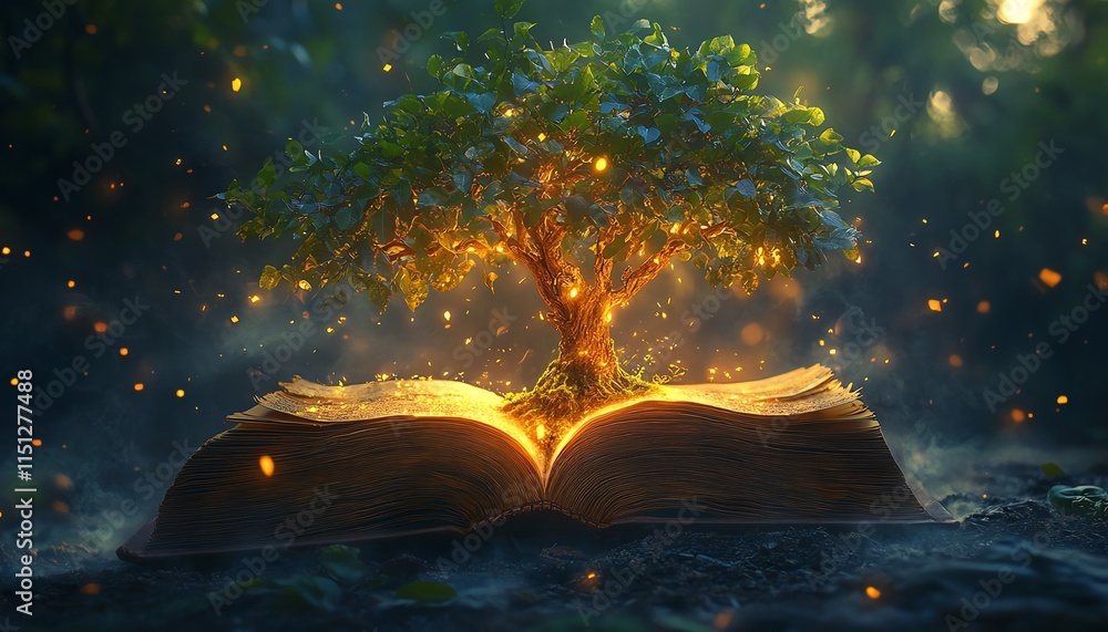 Poster magical open book with a lush tree growing from its pages, surrounded by glowing light and soft mist