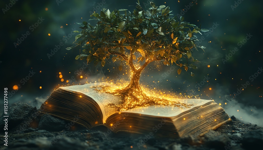 Poster magical open book with a lush tree growing from its pages, surrounded by glowing light and soft mist