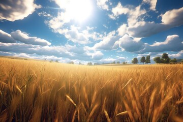 Golden wheat field under a bright summer sky.