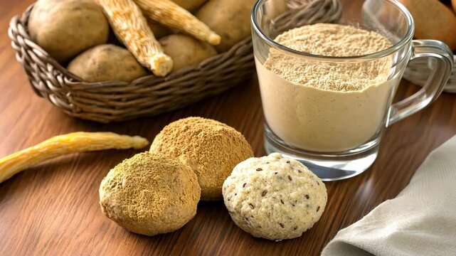 Unique combination of natural ingredients and health drinks on a wooden table with a rustic feel