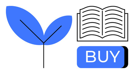 Blue plant alongside an open book and a blue BUY button. Ideal for e-commerce, education, marketing, online shopping, e-learning, literature promotion, digital growth campaigns. Line metaphor