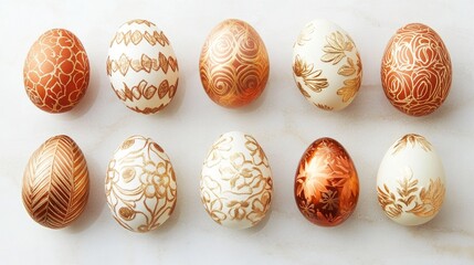 Elegant Decorative Eggs in Gold and White on Marble Background