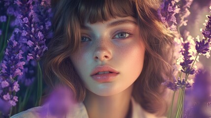 Fototapeta premium Portrait of a Woman Amid Vibrant Purple Lavender Fields at Sunset