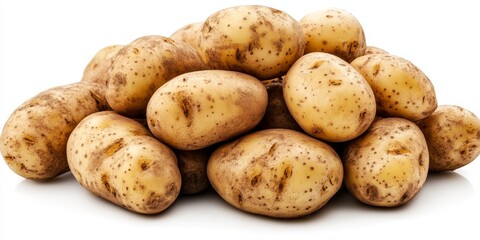 Isolated pile of potatoes on a white background, showcasing the natural texture and shape of fresh potatoes, ideal for culinary and agricultural imagery featuring potatoes.