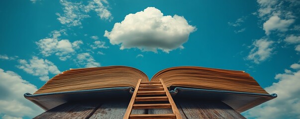 Open book with a wooden ladder reaching to a cloud in the blue sky, representing career progression and personal development, ideal for motivational illustrations