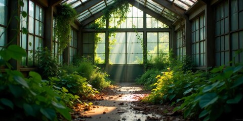 Light filters through a greenhouse filled with lush greenery and natural beauty in the early morning hours