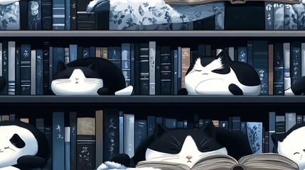 A cozy library corner with cats napping on top of open books, soft throw blankets draped over chairs, warm lighting, and vibrant book spines filling the background, whimsical and serene, hd quality.