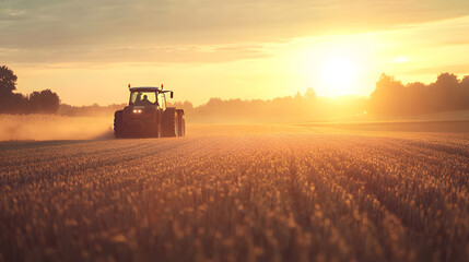 Fototapeta premium Tractor plowing field at sunset with golden hues and gentle landscape in background