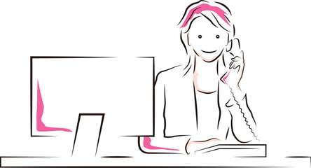 オフィスのデスクで電話をするビジネスウーマンのイラスト