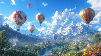Fototapeta premium Hot air balloons soar over idyllic mountain village.
