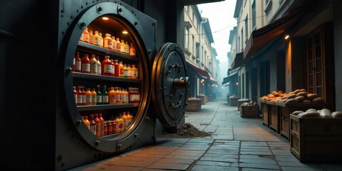 Fototapeta premium Large vault door opening to reveal shelves of colorful bottles in a quaint alley with market stalls