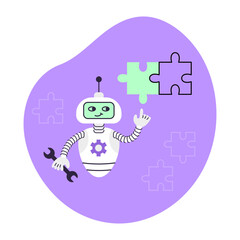 AI robot assembles puzzle. Artificial Intelligence Virtual Assistant. Business and Education Concept. Isolated vector illustration.